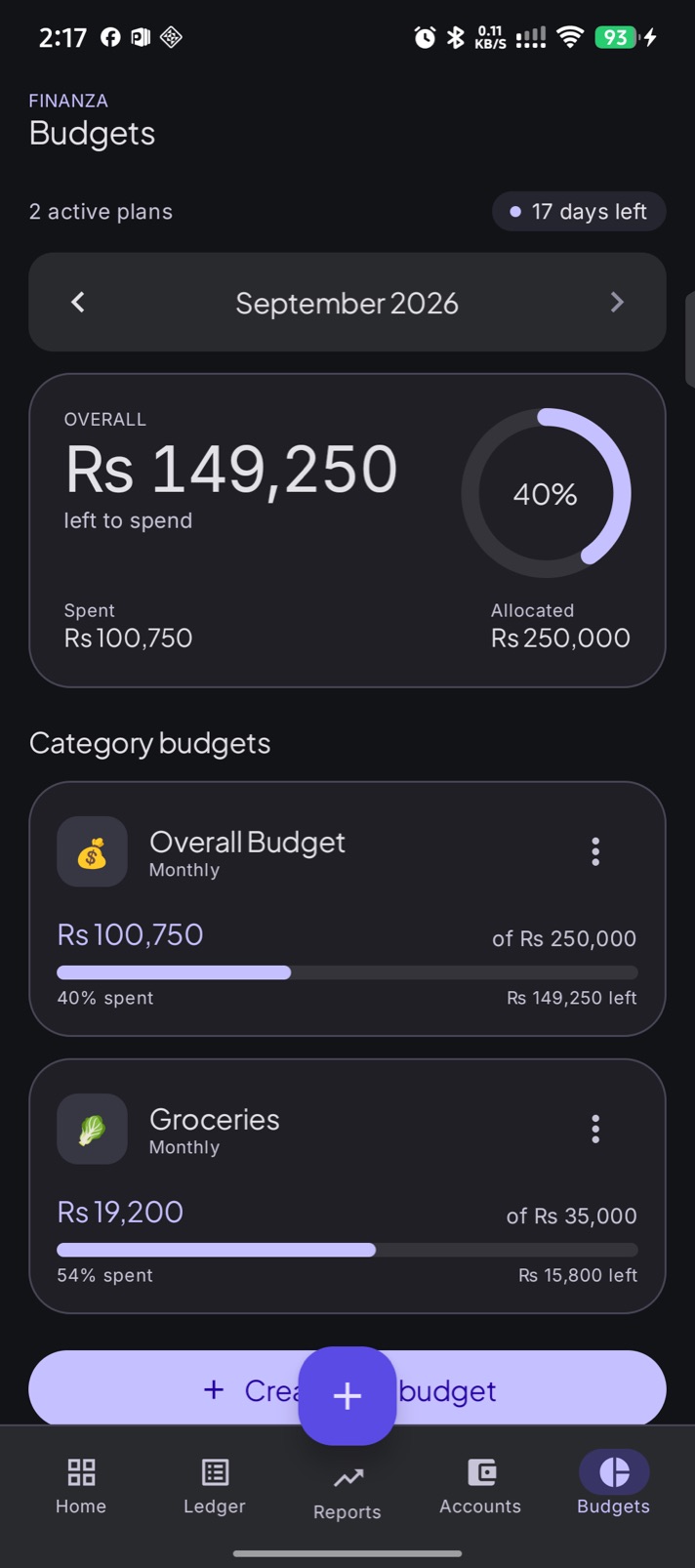 Budgets screen with overall and category budgets
